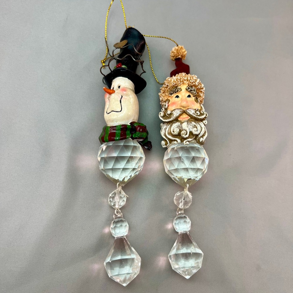 Santa and Snowman Christmas Prism Ornaments Set of 2 Whimsical Holiday Decor